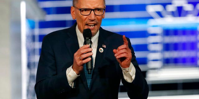In this Nov. 20, 2019 file photo, Chair of the Democratic National Committee, Tom Perez, speaks before a Democratic presidential primary debate in Atlanta. Perez is calling for a “recanvass” of the results of Monday's Iowa caucus. (AP Photo/John Bazemore)