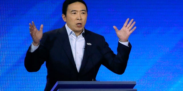 Democratic presidential candidate entrepreneur Andrew Yang speaks during a Democratic presidential primary debate, Friday, Feb. 7, 2020, in Manchester, N.H. (Associated Press)