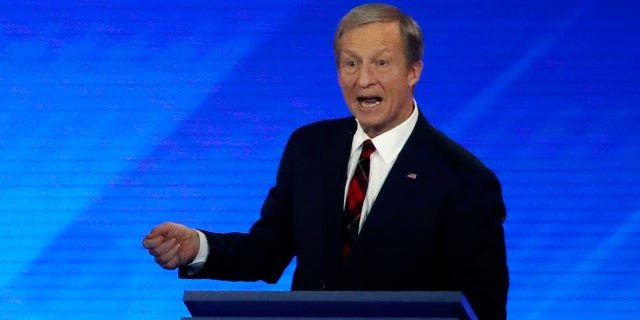 Businessman Tom Steyer speaks during a Democratic presidential primary debate, Friday, Feb. 7, 2020, in Manchester, N.H. (Associated Press)