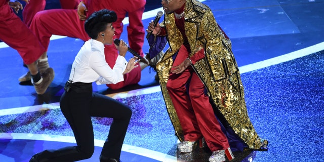 Janelle Monae, left, and Billy Porter perform onstage at the Oscars on Sunday, Feb. 9, 2020, at the Dolby Theatre in Los Angeles.