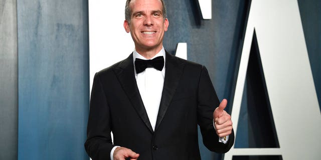 Eric Garcetti arrives at the Vanity Fair Oscar Party on Sunday, Feb. 9, 2020, in Beverly Hills, Calif. (Invision/AP)