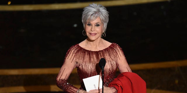 Jane Fonda presents the award for best picture at the Oscars on Feb. 9, 2020, in Los Angeles.