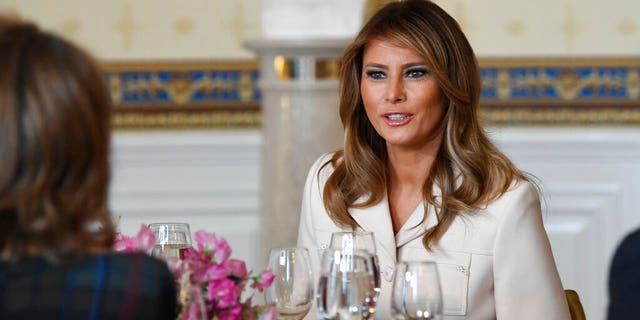 First lady Melania Trump after speaking during the Governors' Spouses' luncheon at the White House, Feb. 10, 2020. (AP Photo/Susan Walsh)