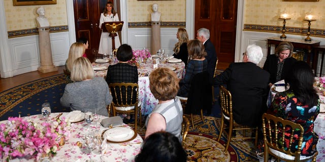 First lady Melania Trump speaks during the Governors' Spouses' luncheon in the Blue Room of the White House in Washington, Monday, Feb. 10, 2020. (AP Photo/Susan Walsh)
