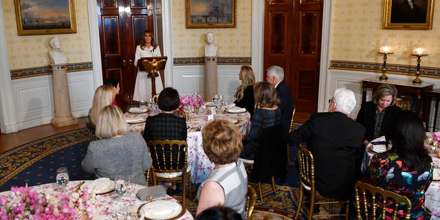 First lady Melania Trump speaks during the Governors' Spouses' luncheon in the Blue Room of the White House in Washington, Monday, Feb. 10, 2020. (AP Photo/Susan Walsh)