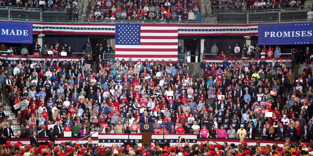 President Donald Trump speaks during a campaign rally, Monday, Feb. 10, 2020, in Manchester, N.H. (AP Photo/Mary Altaffer)