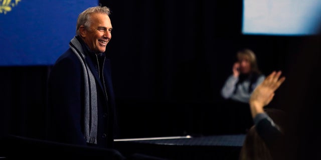 Kevin Costner arrives for a Democratic presidential candidate former South Bend, Ind., Mayor Pete Buttigieg campaign event Monday. (AP Photo/Matt Rourke)