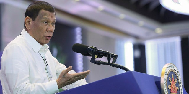 Feb. 10, 2020: Philippine President Rodrigo Duterte delivers a speech during the 11th Biennial National Convention and 22nd founding anniversary of the Chinese Filipino Business Club, Inc. in Manila, Philippines. (Toto Lozano/Malacanang Presidential Photographers Division via AP)