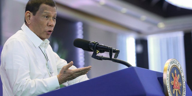 Feb. 10, 2020: Philippine President Rodrigo Duterte delivers a speech during the 11th Biennial National Convention and 22nd founding anniversary of the Chinese Filipino Business Club, Inc. in Manila, Philippines. (Toto Lozano/Malacanang Presidential Photographers Division via AP)