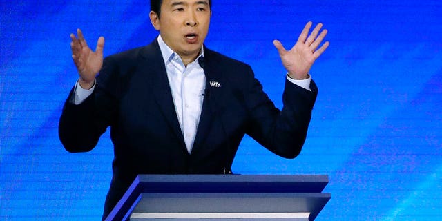 Metis Entrepreneur - Andrew Yang during a Democratic presidential primary debate at Saint Anselm College in Manchester, N.H. (AP Photo/Elise Amendola)