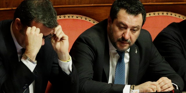 The League leader Matteo Salvini attends a debate at Senate, prior to a vote on lifting his parliamentary immunity, on the case of an Italian coast guard ship Gregoretti, which was blocked for days when he was Minister of Interior before letting migrants disembark. (AP Photo/Andrew Medichini)