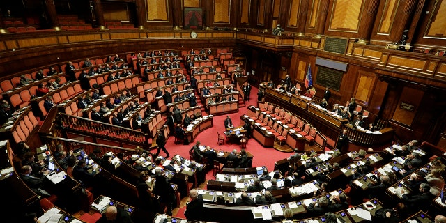 A view of the Italian Senate during the debate on whether to allow opposition populist leader Matteo Salvini to be prosecuted – as he demands to be -- for alleging holding migrants hostage for days aboard a coast guard ship instead of letting them immediately disembark in Sicily while he was interior minister. (AP Photo/Andrew Medichini)