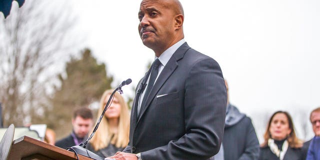 Indiana Attorney General Curtis Hill speaks at a burial service, Wednesday, Feb. 12, 2020, at Southlawn Cemetery in South Bend, Ind., for the more than 2,400 fetal remains found at the home of an abortion doctor. 