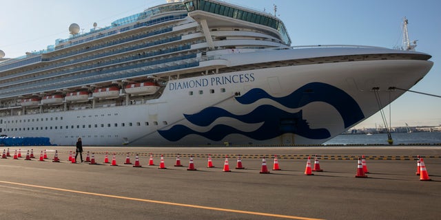 In this Feb. 11 photo, a reporter walks near the then-quarantined Diamond Princess cruise ship in Yokohama, near Tokyo. (AP Photo/Jae C. Hong, File)