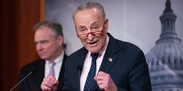 Senate Minority Leader Chuck Schumer, D-N.Y speaks with reporters alongside Sen. Timothy M. Kaine, D-Va.