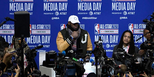 LeBron James, of the Los Angeles Lakers, talks with the media during the NBA All-Star basketball game media day, Saturday, Feb. 15, 2020, in Chicago. (Associated Press)