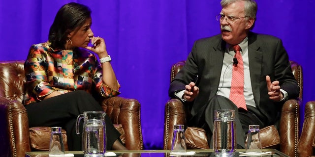 Former national security advisers Susan Rice, left, and John Bolton take part in a discussion on global leadership at Vanderbilt University, Wednesday in Nashville, Tenn. (AP Photo/Mark Humphrey)