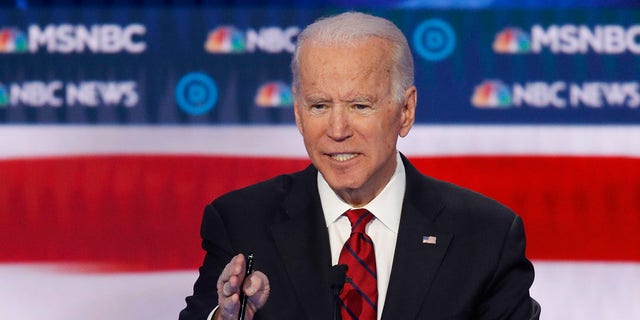 Democratic presidential candidate, former Vice President Joe Biden speaks during a Democratic presidential primary debate Wednesday, Feb. 19, 2020, in Las Vegas. (Associated Press)