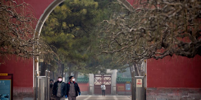 People wearing face masks walk through a public park in Beijing, Friday, Feb. 21, 2020. (Associated Press)