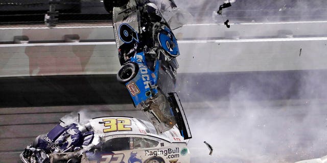 Ryan Newman (6) went airborne after crashing into Corey LaJoie (32) during the Daytona 500.