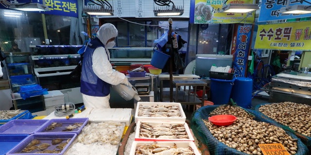 A worker wearing protective gears sprays disinfectant as a precaution against the coronavirus at a market in Seoul, South Korea, Monday, Feb. 24, 2020. South Korean President Moon Jae-in said his government had increased its anti-virus alert level by one notch to “Red,” the highest level. (AP Photo/Ahn Young-joon)