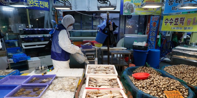 A worker wearing protective gears sprays disinfectant as a precaution against the coronavirus at a market in Seoul, South Korea, Monday, Feb. 24, 2020. South Korean President Moon Jae-in said his government had increased its anti-virus alert level by one notch to “Red,” the highest level.  (AP Photo/Ahn Young-joon)