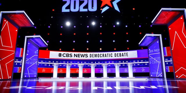 The stage is set for a Democratic presidential primary debate, Tuesday, Feb. 25, 2020, in Charleston, S.C. (AP Photo/Matt Rourke)