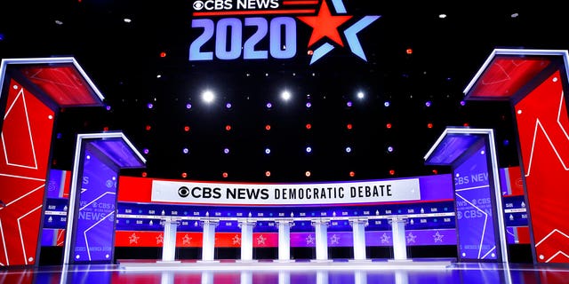 The stage is set for a Democratic presidential primary debate, Tuesday, Feb. 25, 2020, in Charleston, S.C. (AP Photo/Matt Rourke)