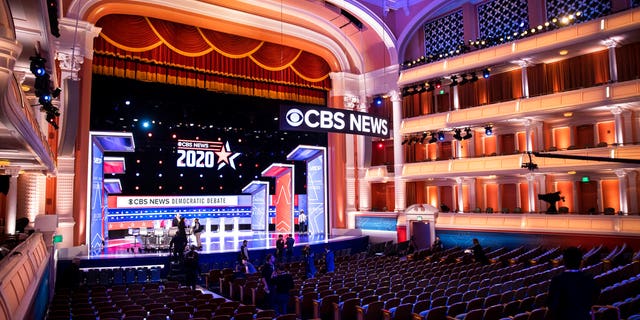 The stage is set for a Democratic presidential primary debate, Tuesday, Feb. 25, 2020, in Charleston, S.C. (AP Photo/Matt Rourke)