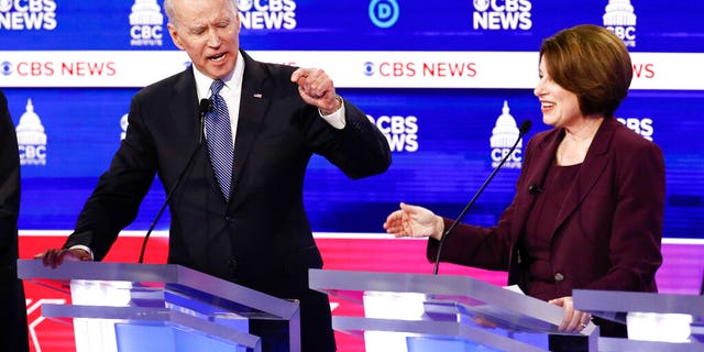 Democratic presidential candidates, former Vice President Joe Biden, left, and Sen. Amy Klobuchar, D-Minn., participate in a Democratic presidential primary debate at the Gaillard Center, Tuesday, Feb. 25, 2020, in Charleston, S.C., co-hosted by CBS News and the Congressional Black Caucus Institute. (AP Photo/Patrick Semansky)