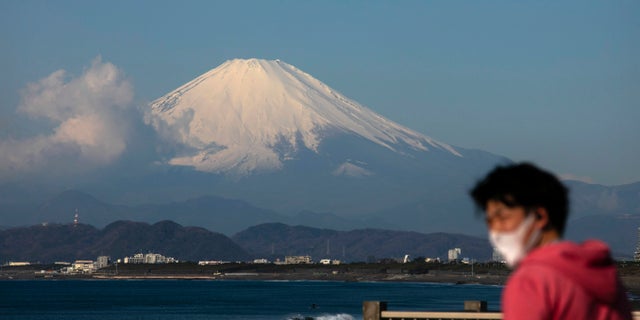 A man wearing a mask visits a beach as snow-capped Mount Fuji is visible in the distance in Fujisawa, Japan, Thursday, Feb. 27, 2020. According to local businesses in the area, the number of visitors has dropped significantly since the outbreak of COVID-19. (AP Photo/Jae C. Hong)