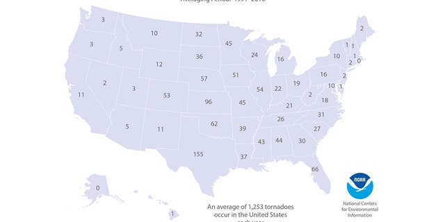 The average number of tornadoes in each state in the U.S.