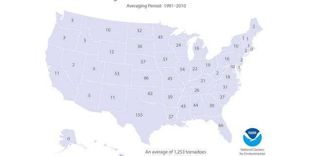 The average number of tornadoes in each state in the U.S.