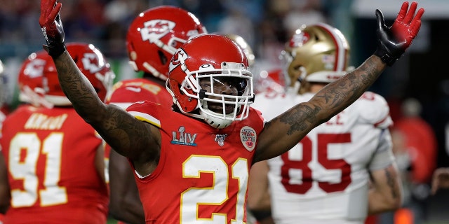 Kansas City Chiefs' Bashaud Breeland (21) reacts against the San Francisco 49ers during the first half of the NFL Super Bowl 54 football game Sunday, Feb. 2, 2020, in Miami Gardens, Fla. (AP Photo/Seth Wenig)