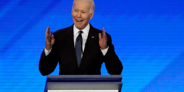 Former Vice President Joe Biden speaks during a Democratic presidential primary debate, Friday, Feb. 7, 2020, hosted by ABC News, Apple News, and WMUR-TV at Saint Anselm College in Manchester, N.H. (AP Photo/Elise Amendola)