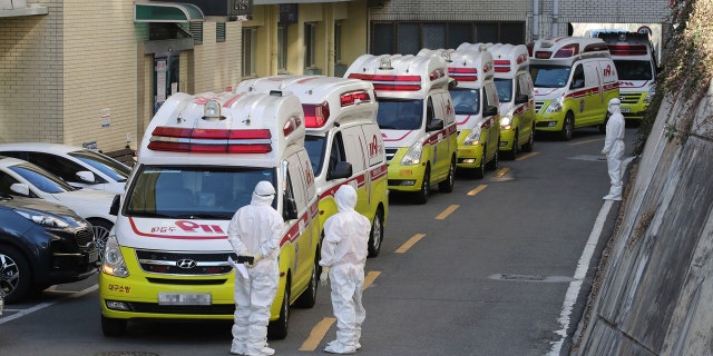 Ambulances carrying patients infected with the novel coronavirus arrive at a hospital in Daegu, South Korea, Sunday, Feb. 23, 2020.