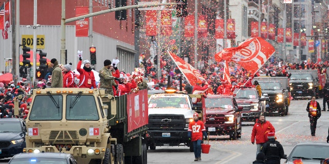 The Kansas City Chiefs victory parade makes its way through downtown Kansas City, Mo., Wednesday, Feb. 5, 2020, to celebrate their victory in the NFL's Super Bowl 54. (AP Photo/Reed Hoffmann)