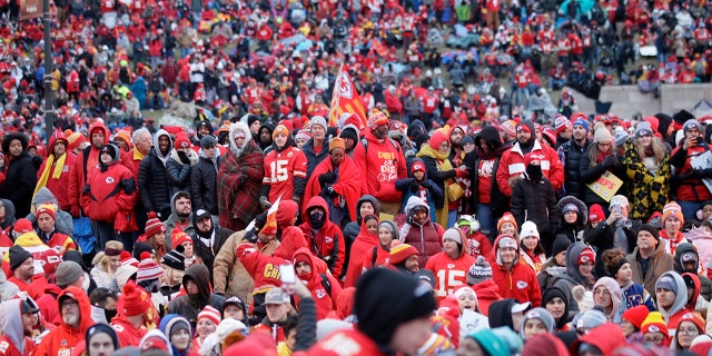 Kansas City Chiefs fans gather for a Super Bowl parade and rally in Kansas City, Mo., Wednesday, Feb. 5, 2020. (AP Photo/Orlin Wagner)