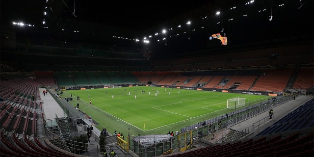A general view inside the empty stadium, fans cannot attend the match due to the medical emergency Covid-19 (Coronavirus), during the UEFA Europa League round of 32 second leg match between FC Internazionale and PFC Ludogorets Razgrad at Giuseppe Meazza Stadium on February 27, 2020 in Milan, Italy. (Photo by Emilio Andreoli - UEFA/UEFA via Getty Images )