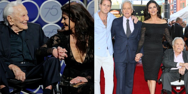 Right: Kirk Douglas and Catherine Zeta-Jones at the Goolden Globe Awards. Left: Cameron Douglas, Michael Douglas, Catherine Zeta-Jones and Kirk Douglas at Michael's Hollywood Walk of Fame ceremony. (Getty)