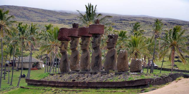 Ahu Nau Nau, a cultural and religious site built by Rapa Nui society on the north shore of Easter Island. The site is located on Easter Island's Anakena beach. (Photo by Robert DiNapoli)