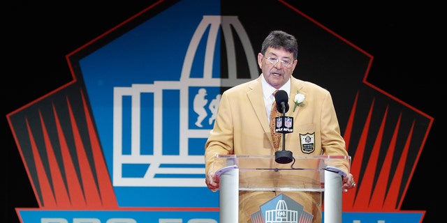 Edward DeBartolo, Jr., former San Francisco 49ers Owner, speaks during his Pro Football Hall of Fame induction speech during the NFL Hall of Fame Enshrinement Ceremony at the Tom Benson Hall of Fame Stadium on Aug. 6, 2016 in Canton, Ohio. (Joe Robbins/Getty Images)