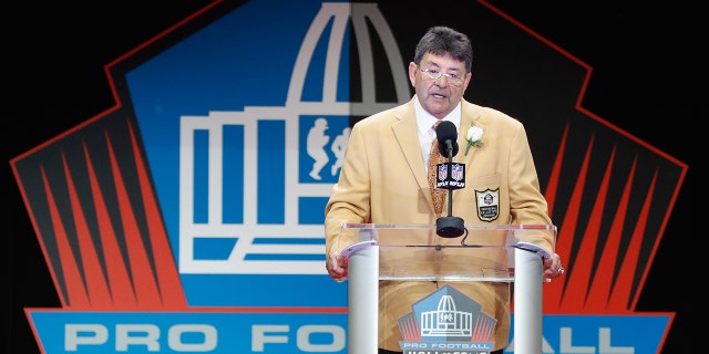 Edward DeBartolo, Jr., former San Francisco 49ers Owner, speaks during his Pro Football Hall of Fame induction speech during the NFL Hall of Fame Enshrinement Ceremony at the Tom Benson Hall of Fame Stadium on Aug. 6, 2016 in Canton, Ohio. (Joe Robbins/Getty Images)