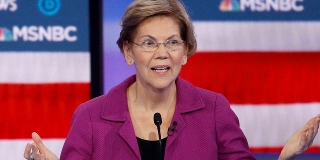 Democratic presidential candidate Sen. Elizabeth Warren, D-Mass., speaks as during a Democratic presidential primary debate Wednesday, Feb. 19, 2020, in Las Vegas. (Associated Press)