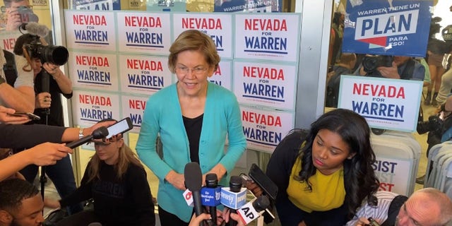 Democratic presidential candidate Sen. Elizabeth Warren of Massachusetts speaks with reporters in North Las Vegas, Nevada on Feb. 20, 2020