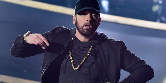 US rapper Eminem performs onstage during the 92nd Oscars at the Dolby Theatre in Hollywood, California on February 9, 2020. (Photo by Mark RALSTON / AFP) (Photo by MARK RALSTON/AFP via Getty Images)