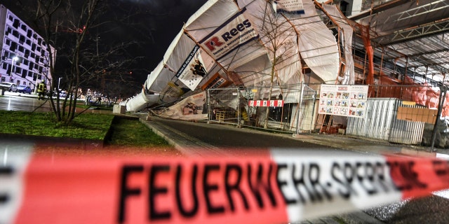 A scaffold has toppled over due to heavy wind in Freiburg, Germany, Monday, Feb. 10, 2020.