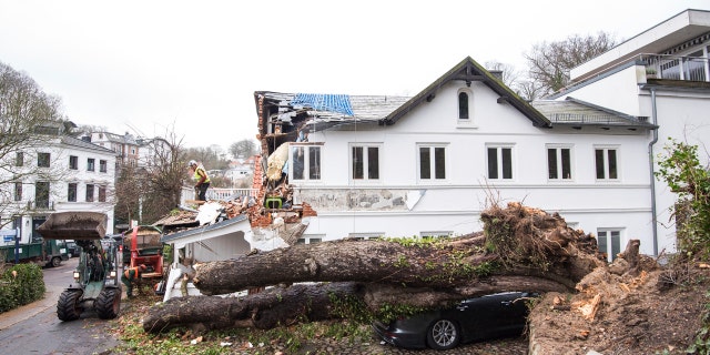 A tree lies on a car in Hamburg, Germany, Monday, Feb. 10, 2020.