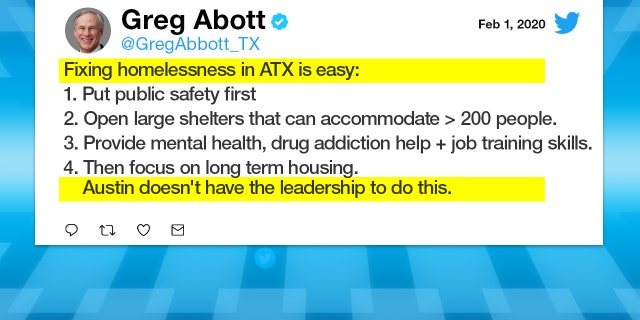 Texas Gov. Greg Abbott takes to personal Twitter Page to list the steps to "fix homelessness."