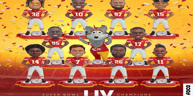 From left to right top row: Tyrann Mathieu, Tyreek Hill, Travis Kelce and Patrick Mahomes. Middle row: Chris Jones, KC Wolf, Mercole Hardman. Bottom row: Sammy Watkins, Harrison Butker, Damien Williams, Demarcus Robinson.